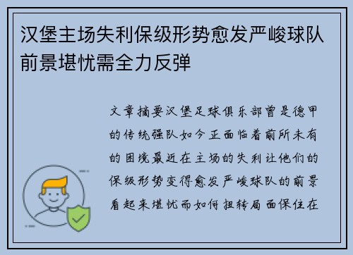 汉堡主场失利保级形势愈发严峻球队前景堪忧需全力反弹