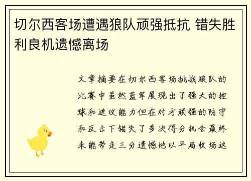 切尔西客场遭遇狼队顽强抵抗 错失胜利良机遗憾离场