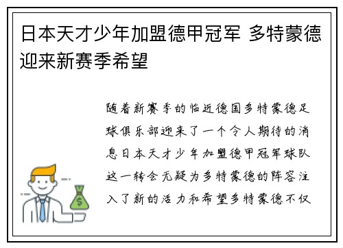日本天才少年加盟德甲冠军 多特蒙德迎来新赛季希望