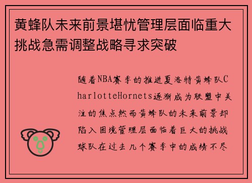 黄蜂队未来前景堪忧管理层面临重大挑战急需调整战略寻求突破